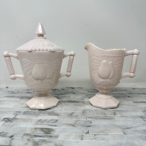 Jeannette Shell Pink Milk Glass Creamer Lidded Sugar Bowl Pear Set, Vintage 1950s Mid Century Modern Pink Kitchen Decor, Footed Pedestal
