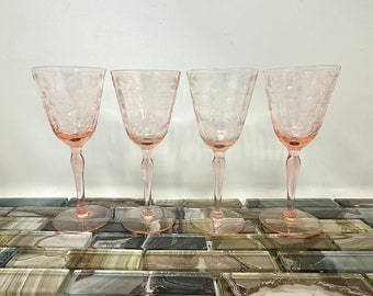 Blanche Pink Standard Glass 4 oz Wine Glasses Set 4, Small Pink Optic Etched Depression Glass, Pink Cordial Glasses, Vintage Pink Glassware