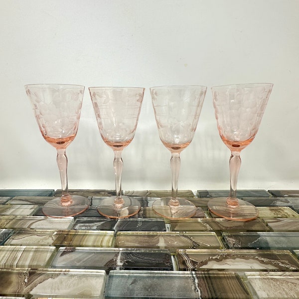 Blanche Pink Standard Glass 4 oz Wine Glasses Set 4, Small Pink Optic Etched Depression Glass, Pink Cordial Glasses, Vintage Pink Glassware