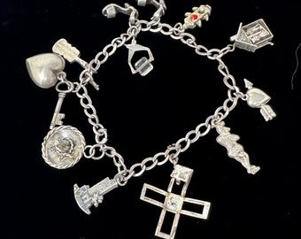 Sterling Silver Charm Bracelet with 12 Charms, Vintage 1940s 925 Silver Chain Link Bracelet with Charms, Silver Jewelry Gift for Her