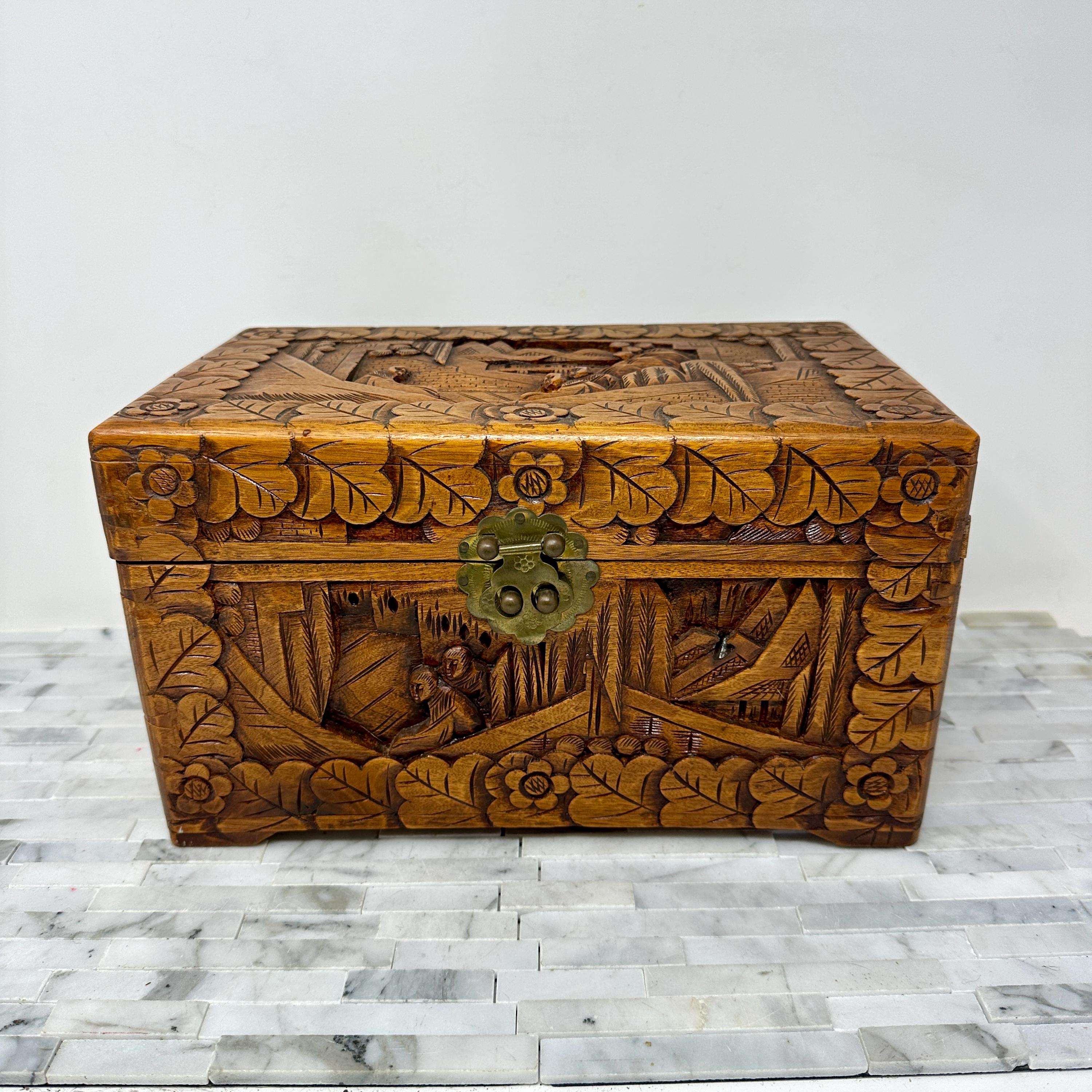 Large Chinese Camphor Wood Carved Box, Vintage Intricate Carved