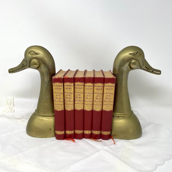 Brass Duck Head Bookends 9", Vintage Aged Brass Book Ends, Heavy Brass Bird Head Door Stops Duck Goose Swan Library Decor Gift for Him
