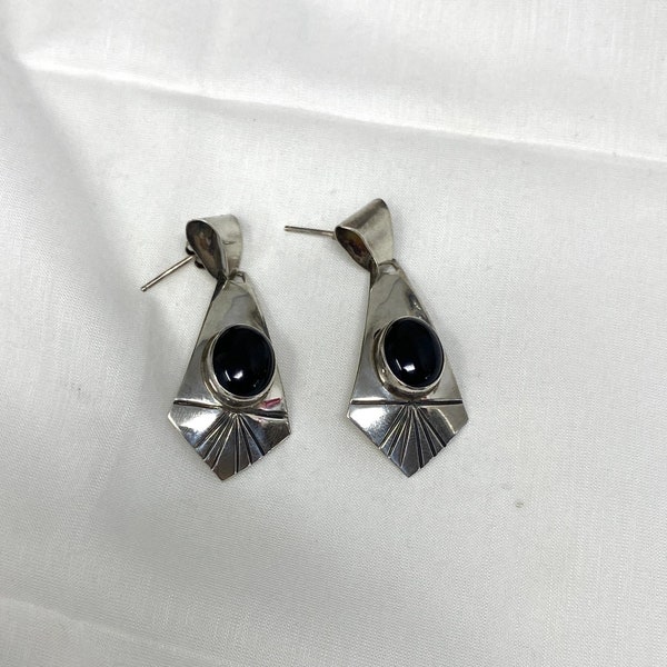 925 Sterling Silver Black Onyx Dangle Pierced Earrings, RAD Signed, Southwestern Vintage Signed Costume Jewelry, Silver Black Jewelry