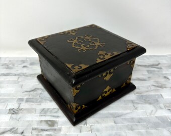 Square Wood Jewelry Box Brass Scroll Accents, Vintage Dark Wood Espresso Dresser Vanity Stash Trinket Box, Vintage Decorative Box Home Decor