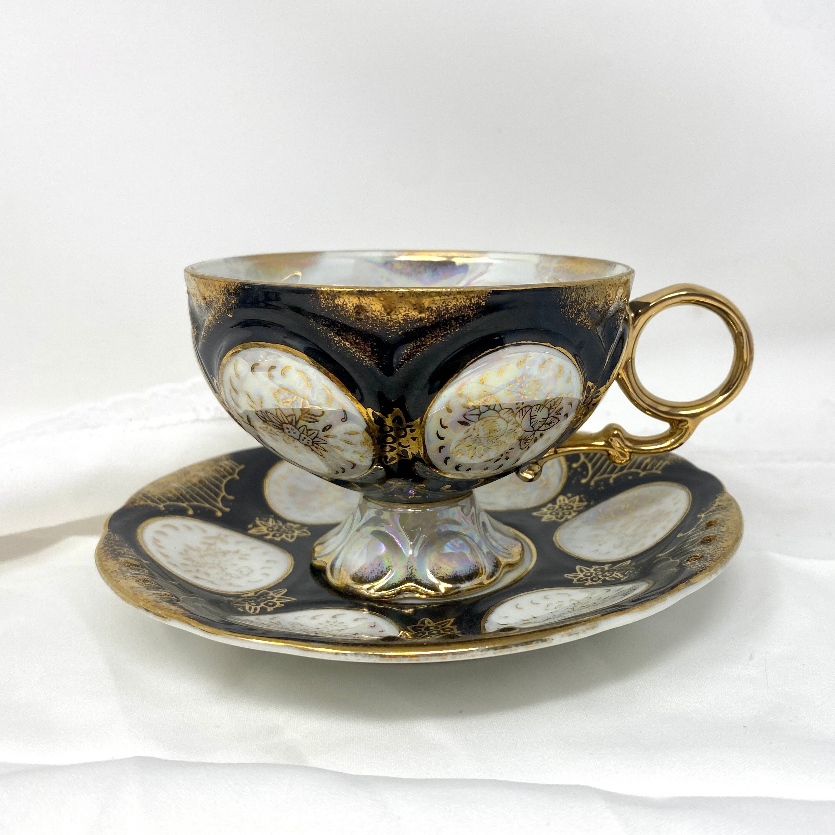 Chase Japan Porcelain Black Gold Lusterware Teacup Saucer Set 