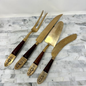 Vintage Bronze Wood Urai Thailand Siam Handle Serving Set of 4, Bronze Rosewood Large Meat Forks Cake Cutter Server Carving Knife Flatware