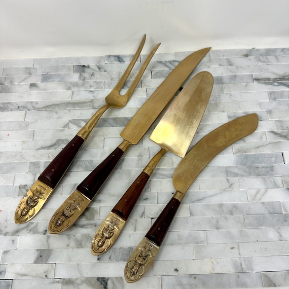 Vintage Bronze Wood Urai Thailand Siam Handle Serving Set of 4
