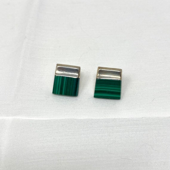 Square Sterling Silver Malachite Earrings, Vintag… - image 1