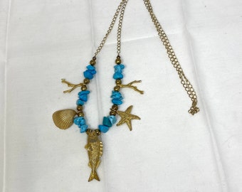 Bergere Nautical Necklace, Vintage 1960s Costume Jewelry Necklace, Seashell Starfish Fish Charms Turquoise Beads Summer Jewelry Blue Gold