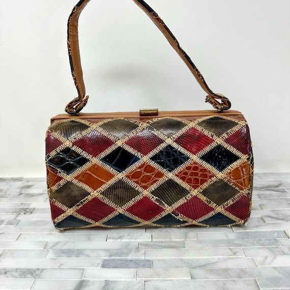Patchwork Reptile Alligator Leather Box Purse Top… - image 8