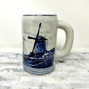 Delft Blue Windmill Tankard Mug, Vintage Large 16 oz Blue White Holland Mug, Made in Holland, Decorative Stein, Vintage Barware Kitchen Mug