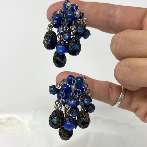 Hobe Blue Bead Cluster Dangle Earrings, Vintage 1… - image 2