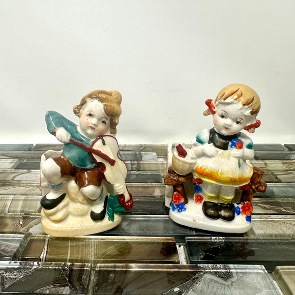 Occupied Japan Boy and Girl Small Planter Pots Pair, Vintage 1940s Vanity Dresser Decor, Small Decorative Vases Shelf Home Decor