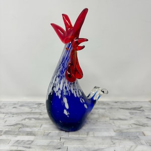 Blown Glass Rooster 9 1/2&quot;, Vintage Blue White Art Glass Chicken, Decorative Glass Bird Sculpture, Colorful Bright Tabletop Decor