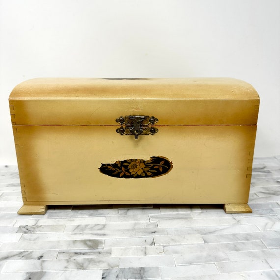 Vintage Gold Tone Metal Jewelry Box Hinged 2 Tier Footed Rhinestone Accents