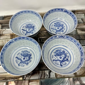 White Blue Ceramic Rice Eye Rice Bowls 4 1/2", Vintage Chinese Jingdezen Rice Eye Dragon Bottom Pattern, Asian Dining Vintage Dinnerware