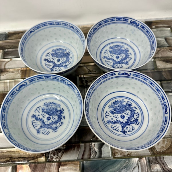 White Blue Ceramic Rice Eye Rice Bowls 4 1/2", Vintage Chinese Jingdezen Rice Eye Dragon Bottom Pattern, Asian Dining Vintage Dinnerware