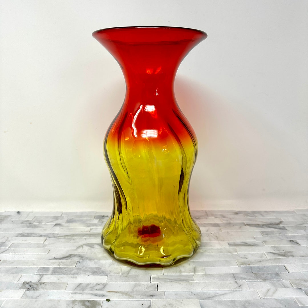 Blenko Amberina Vase 6810, Vintage 1960s 1969 Red Yellow Vase 10 7/8 Tall Swirl Hand Blown Glass