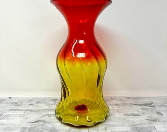 Blenko Amberina Vase 6810, Vintage 1960s 1969 Red Yellow Vase 10 7/8" Tall Swirl Hand Blown Glass Vase Rough Pontil, Decorative Vase