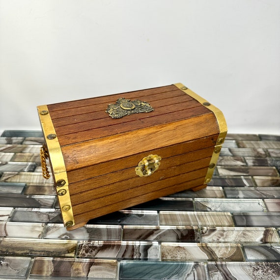 Vintage Treasure Chest Wood Case with Leather and Golden Holder