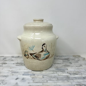 Mid Century Red Wing Bob White Quail Cookie Jar, Vintage Large Turquoise Brown Speckled Bird Kitchen Countertop Storage Canister
