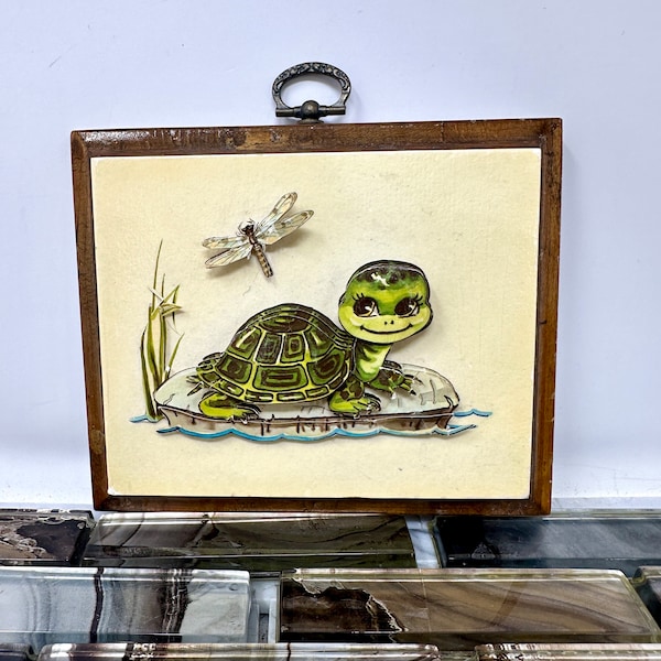 Thayer 3D Turtle Wall Art 4 3/4"x5 3/4", Vintage 1970s 3D Paper Cute Turtle Wall Art Hanging Plaque, Retro Cute Turtle Lover Gift Wall Decor
