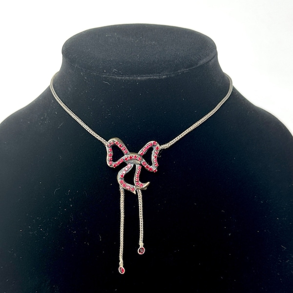 Sorrelli Red Rhinestone Bow Choker Necklace 13", Vintage Tassel Bow Ribbon Short Costume Jewelry Necklace, Evening Gothic Jewelry Statement