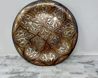 Brass Round Wall Hanging Copper Silver Inlay Tray 10" Vintage Brass Silver Copper Inlay Middle Eastern Plate Mid Century Decorative Wall Art