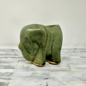 Green Pottery Elephant Planter Vase Small 3&quot;, Vintage Satin Glaze Cute Whimsical Elephant, Elephant Lover Gift Rare