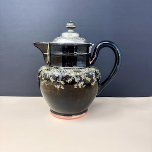 Antique Alexandria Pottery English Teapot 37, Vintage Black Floral Enamel Manning Bowman Burslem England
