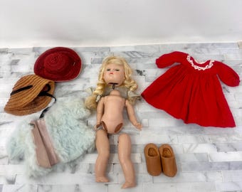 Vogue Ginny Doll 7 1/2", Vintage Blonde Braids Blue Eyed Strung Doll with Clothes, Childhood Memorabilia Memories