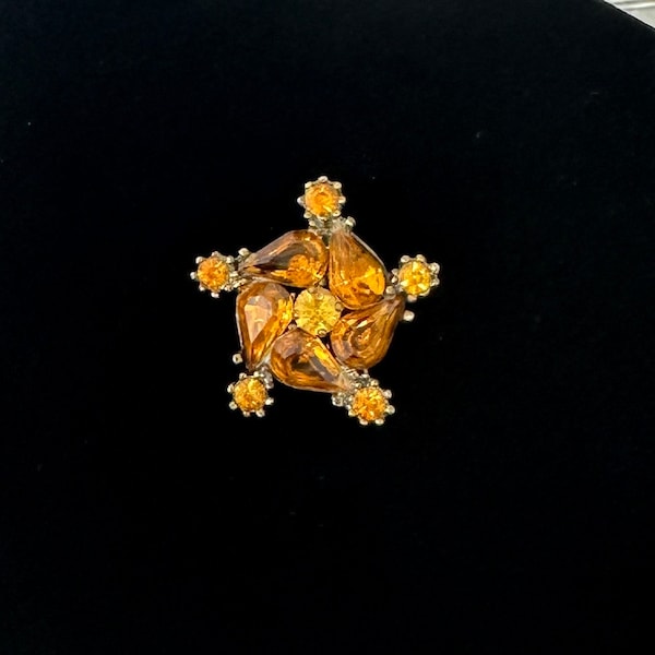 Topaz Amber Rhinestone Star Brooch, Vintage Teardrop Round Gold Rhinestone Pin, Mid Century Modern Vintage MCM Costume Jewelry Gift for Her