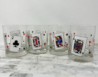 Cristal D&#39;Arques Durand Luminarc Card Party Tumblers Set 4, Vintage France Playing Cards Poker Old Fashioned Glasses Barware Glassware
