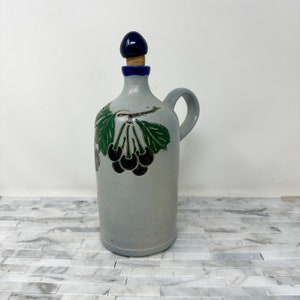 Burger Betschdorf Alsace Pottery Salt Glaze Stoneware Carafe Jug 10&quot;, Vintage Gray with Cherries, Vintage Kitchen Decorative Jug