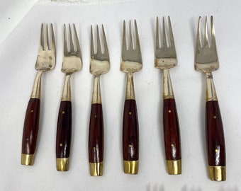 Vintage 1960s Bronze Wood Urai Thailand Appetizer Forks, Bronze Rosewood Place Setting Small Forks Set of 6