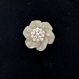 Silver Tone Floral Brooch AB Rhinestones, Vintage Stylized Textured Flower Pin Costume Jewelry Pin Silver Aurora Borealis Gift for Her
