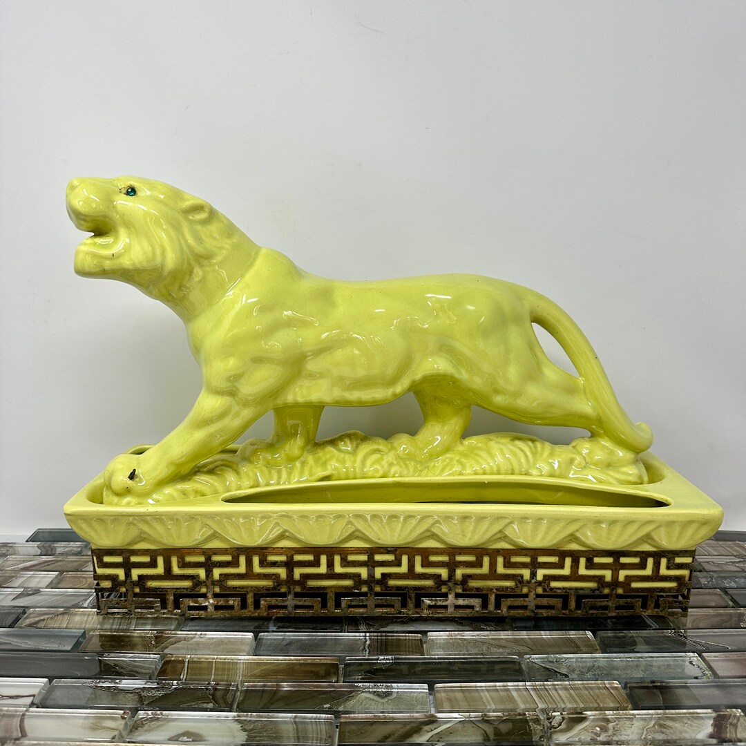 Lane & Co Green Panther TV Lamp Planter, Vintage 1953 Ceramic Mid Century Modern Home Decor, MCM