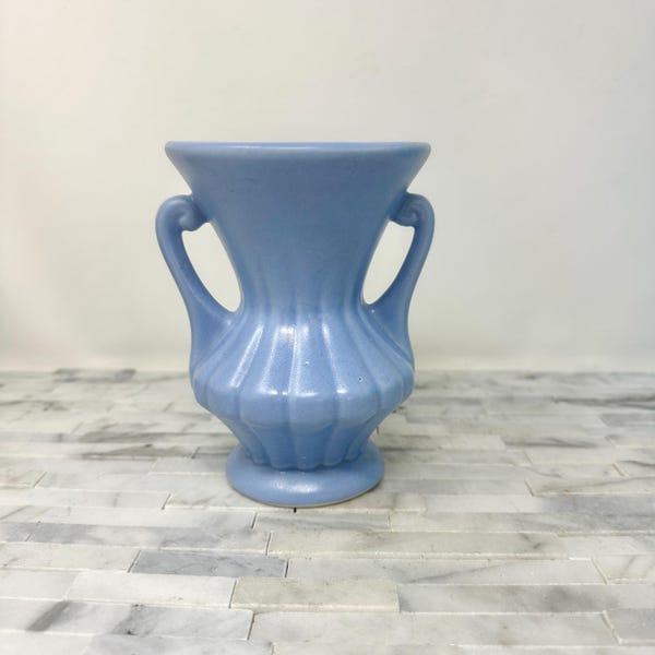 Mid Century Blue Pottery Urn Vase 426 5 1/4", Vintage 2 Handled Periwinkle Blue Vase