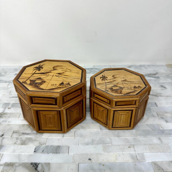 Rattan Pyography Hexagon Nesting Boxes Set 2, Vin… - image 1
