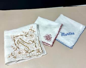 Vintage M Monogram Handkerchiefs Set of 3, Color Embroidered Martha