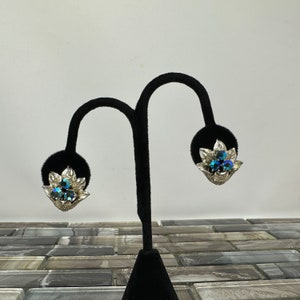 Coro Aurora Borealis Rhinestone Floral Clip On Earrings, Vintage 1960s AB Clip Earrings Signed Costume Jewelry Mid Century, Coro Flower