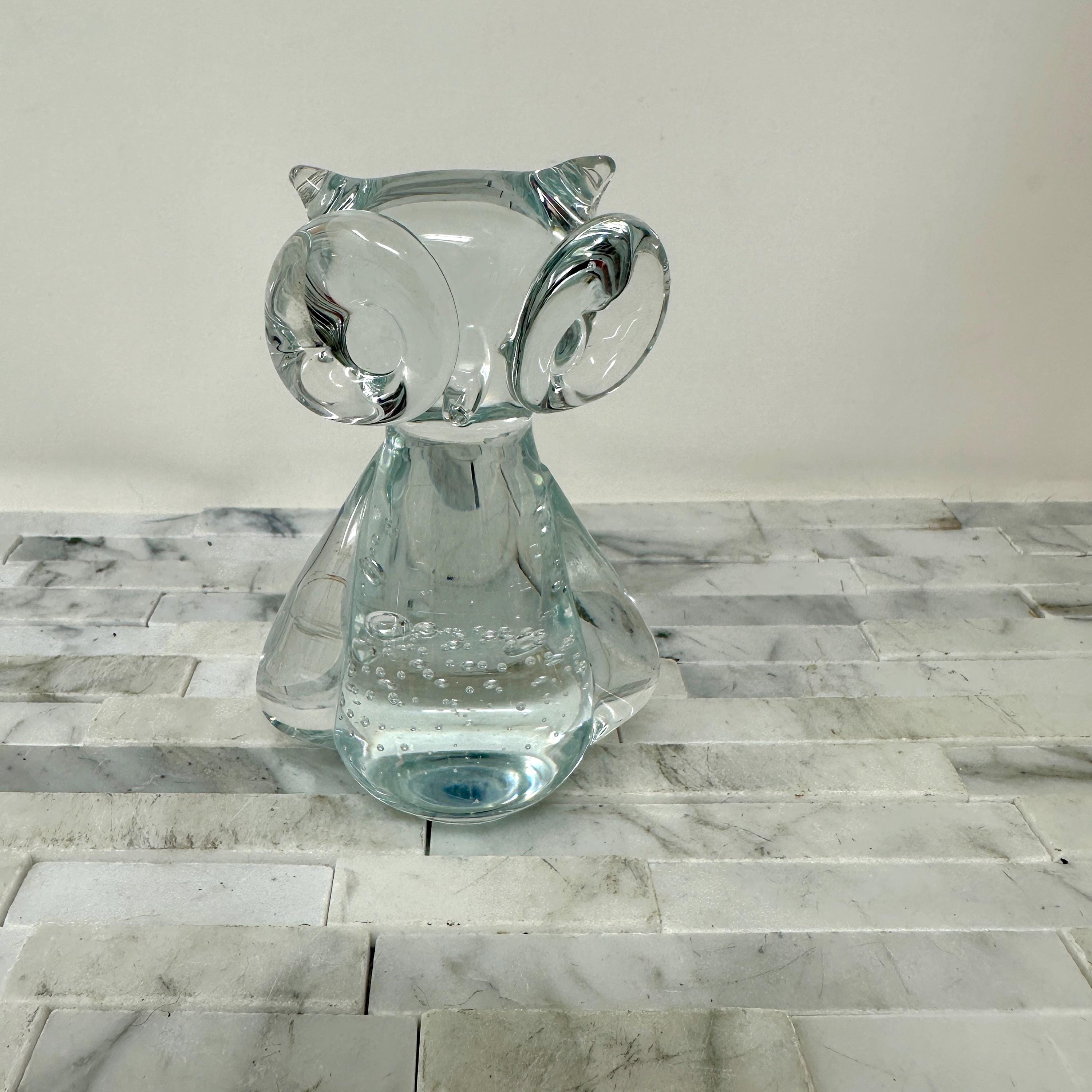 Clear Glass Owl Paperweight 4", Vintage Blown Bubble Glass Owl Figurine, Owl Bird Lover Gift, D