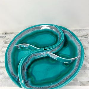 Mid Century DeForest of California 335 Teal Drip Divided Serving Tray Set, Vintage Ocean Water Teardrop Trays Pair