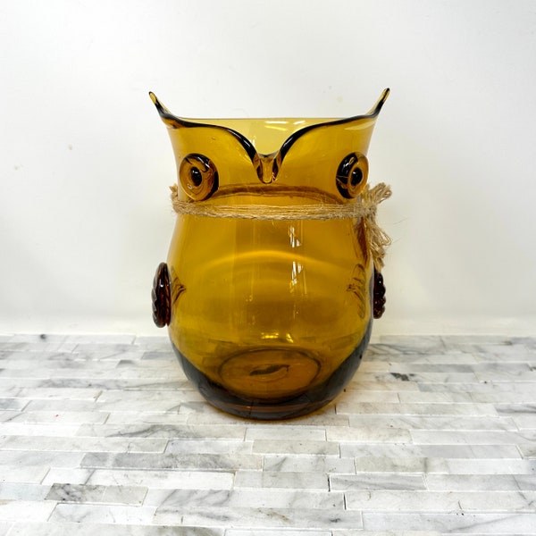 Blown Glass Gold Owl Vase 7 3/4", Vintage Amber Glass Flower Vase Decorative Vase, Vintage Home Decor, Owl Lover Gift, Golden Owl