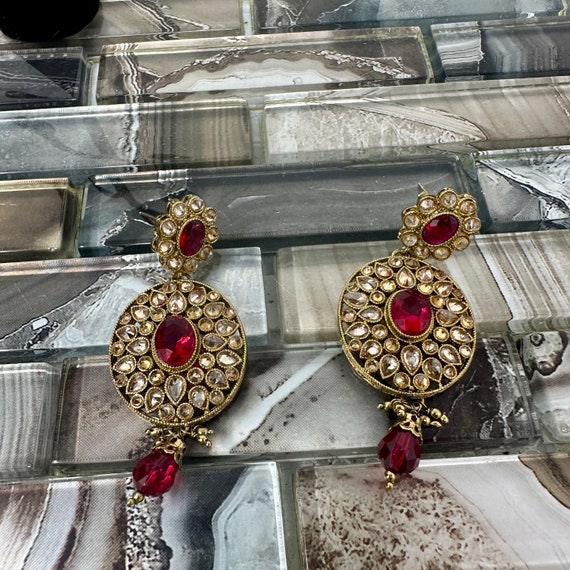 Red Gold Tone Bollywood Pierced Dangle Earrings, … - image 3