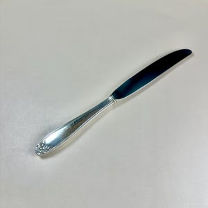 May include: A silver-toned dinner knife with a smooth, reflective blade and a tapered handle. The handle features a decorative, embossed floral pattern at the rounded end, providing a textured contrast to the polished, plain metal surface.