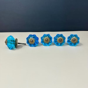 May include: Five blue glass cabinet knobs with a flower design and brass-colored hardware. The knobs are arranged in a row on a white surface, with a dark blue background. One knob is detached, showing the screw.