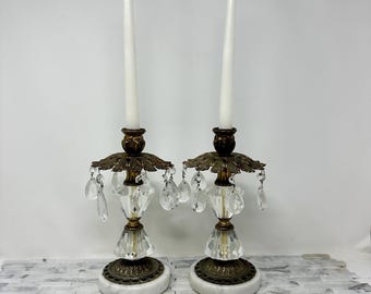 Hollywood Recency Brass Glass Candle holders Marble Base with Prisms Pair, Vintage Mid Century Tapered Candlestick Holders, Mantel Tabletop