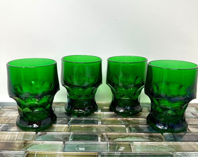Anchor Hocking Forest Green Flat Tumblers 9 Oz Set 4, Vintage