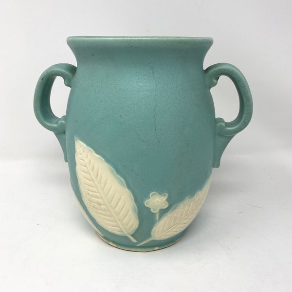 Vintage Robin Egg Blue Pottery Vase with White Leaf Detail Made in Japan, 2 handle 7" Vase Urn, Vintage Asian Decor, Blue Home Decor